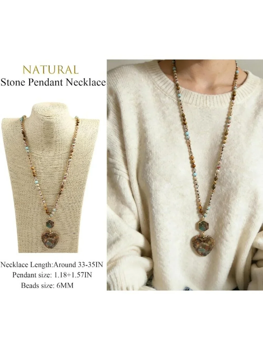 Boho Beaded Stone Pendant Necklace for Women & Men - Natural Turquoise & Tiger